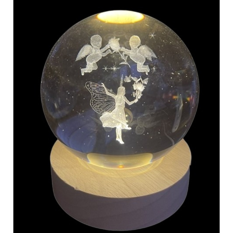 Διακοσμητική Κρυστάλλινη Χαραγμένη Σφαίρα με Ξύλινη Βάση και Θερμό Λευκό Φωτισμό LED - Nεράιδα