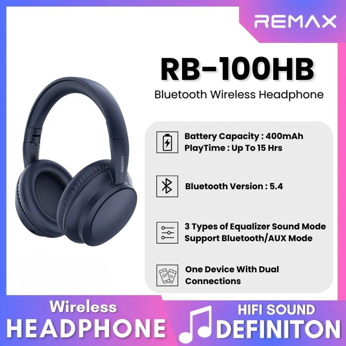 REMAX RB-100HB Ασύρματα Ακουστικά Bluetooth Over-Ear Πτυσσόμενα – Μπλε