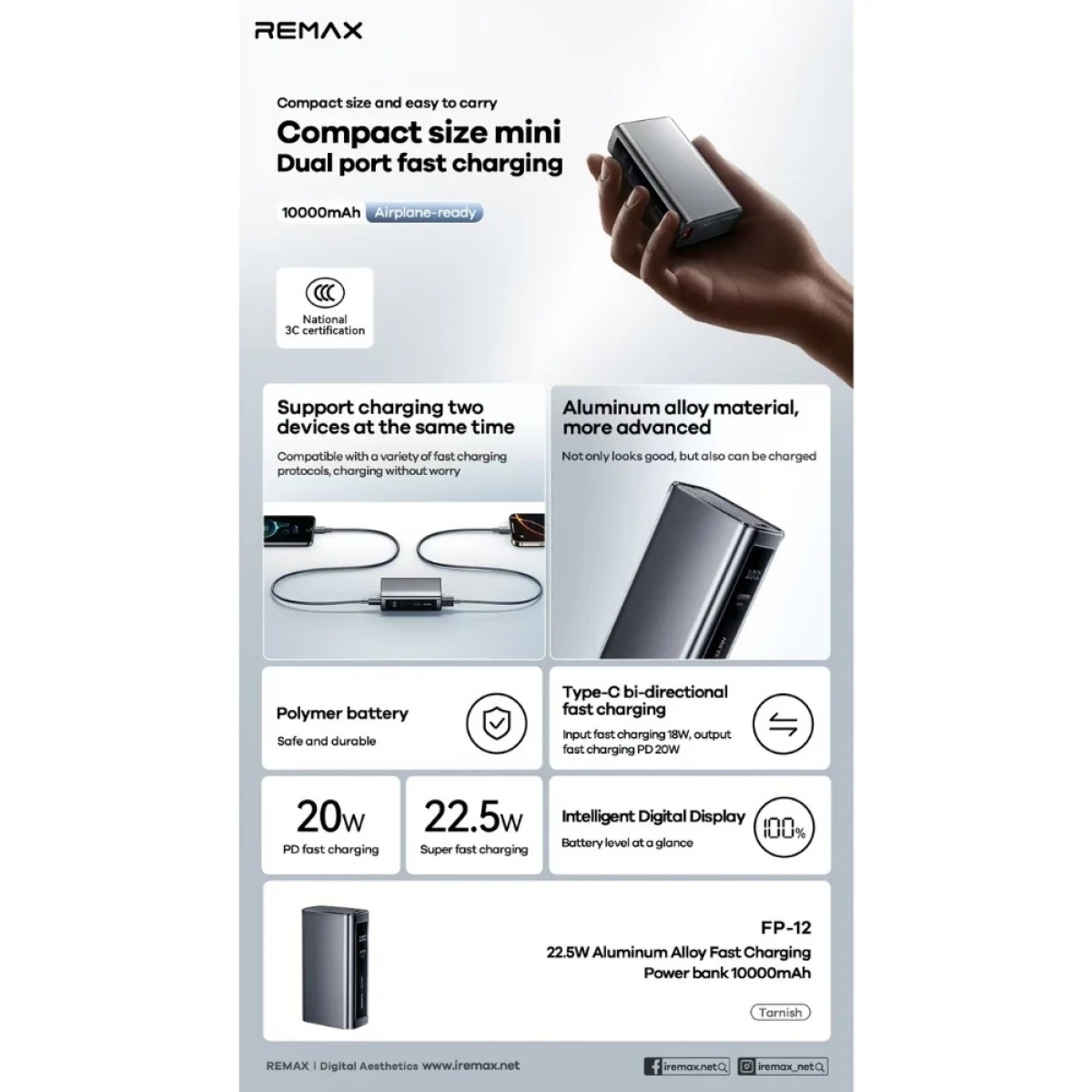 REMAX FP-12 Power Bank 10000mAh – PD 20W + QC 22.5W – Μαύρο