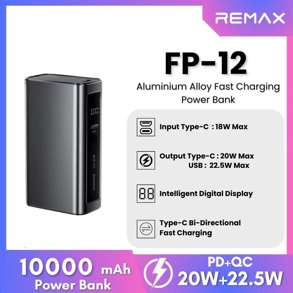 REMAX FP-12 Power Bank 10000mAh – PD 20W + QC 22.5W – Μαύρο