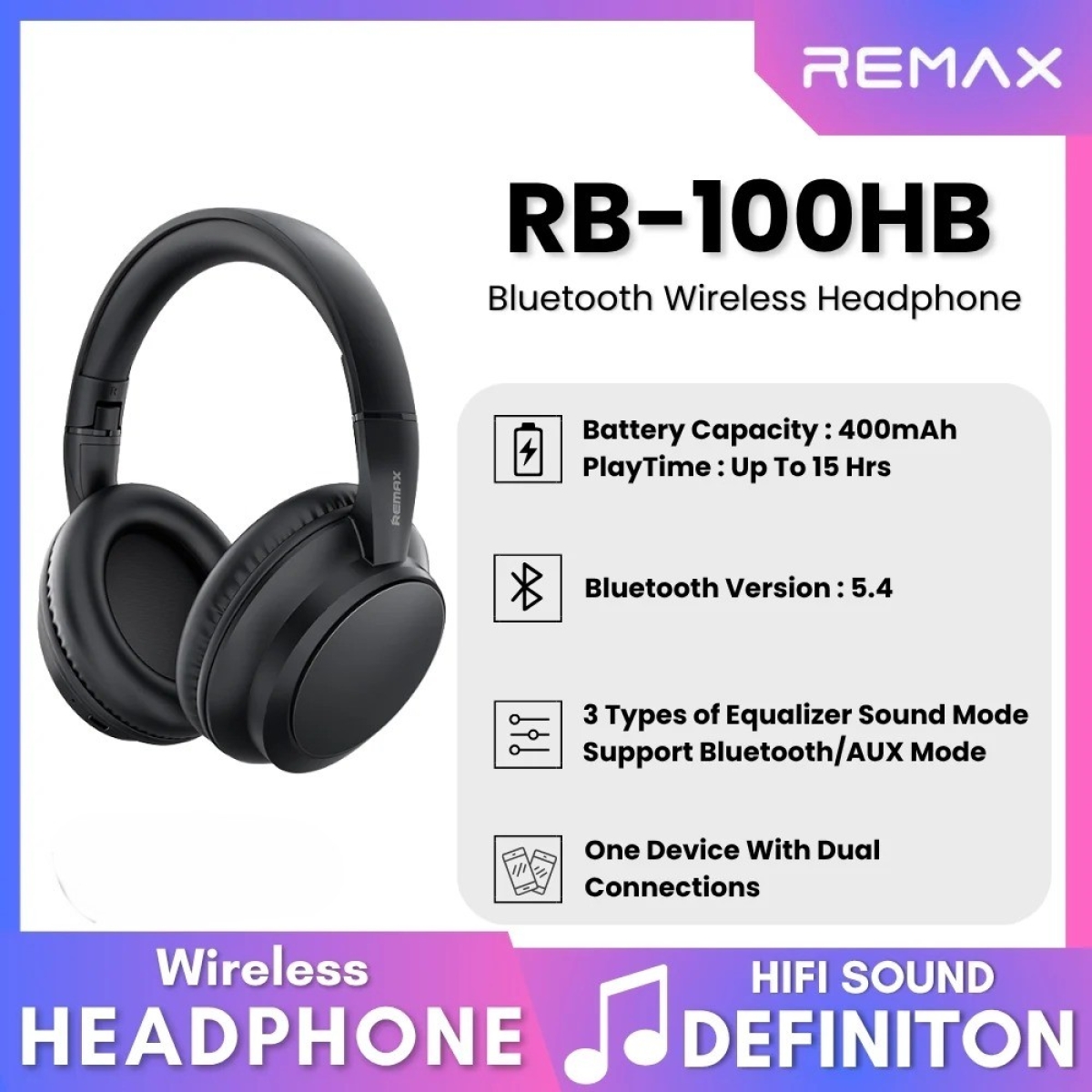 REMAX RB-100HB Ασύρματα Ακουστικά Bluetooth Over-Ear Πτυσσόμενα – Μαύρο