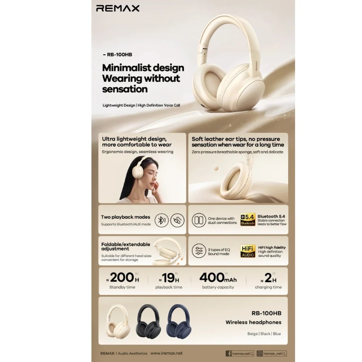 REMAX RB-100HB Ασύρματα Ακουστικά Bluetooth Over-Ear Πτυσσόμενα – Μπλε