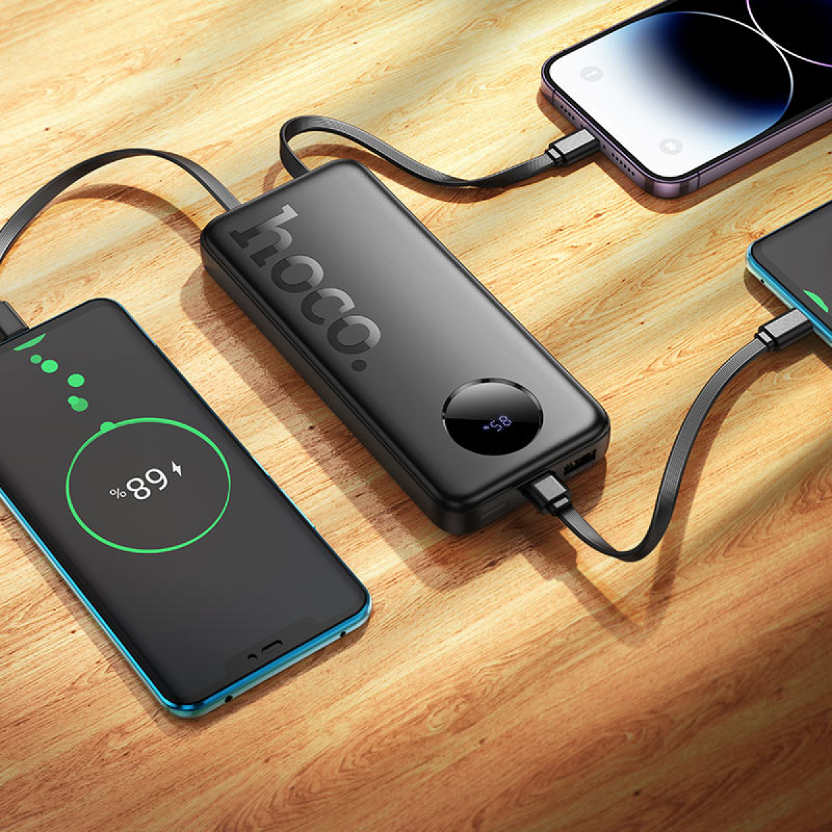 Hoco J132 Sabio Power Bank 10000mAh – PD 20W + QC 22.5W με Ενσωματωμένα Καλώδια & LED Οθόνη – Μαύρο