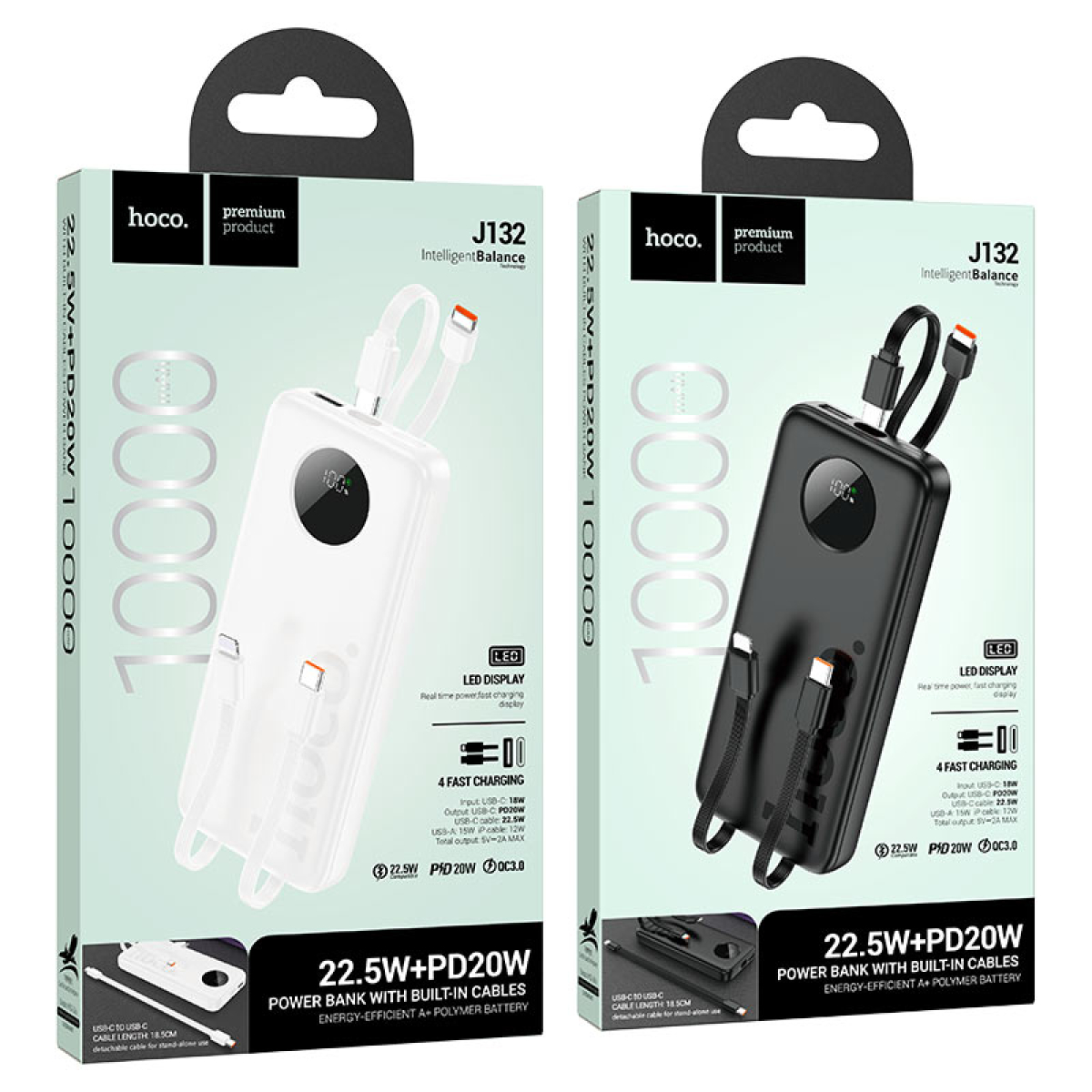 Hoco J132 Sabio Power Bank 10000mAh – PD 20W + QC 22.5W με Ενσωματωμένα Καλώδια & LED Οθόνη – Μαύρο