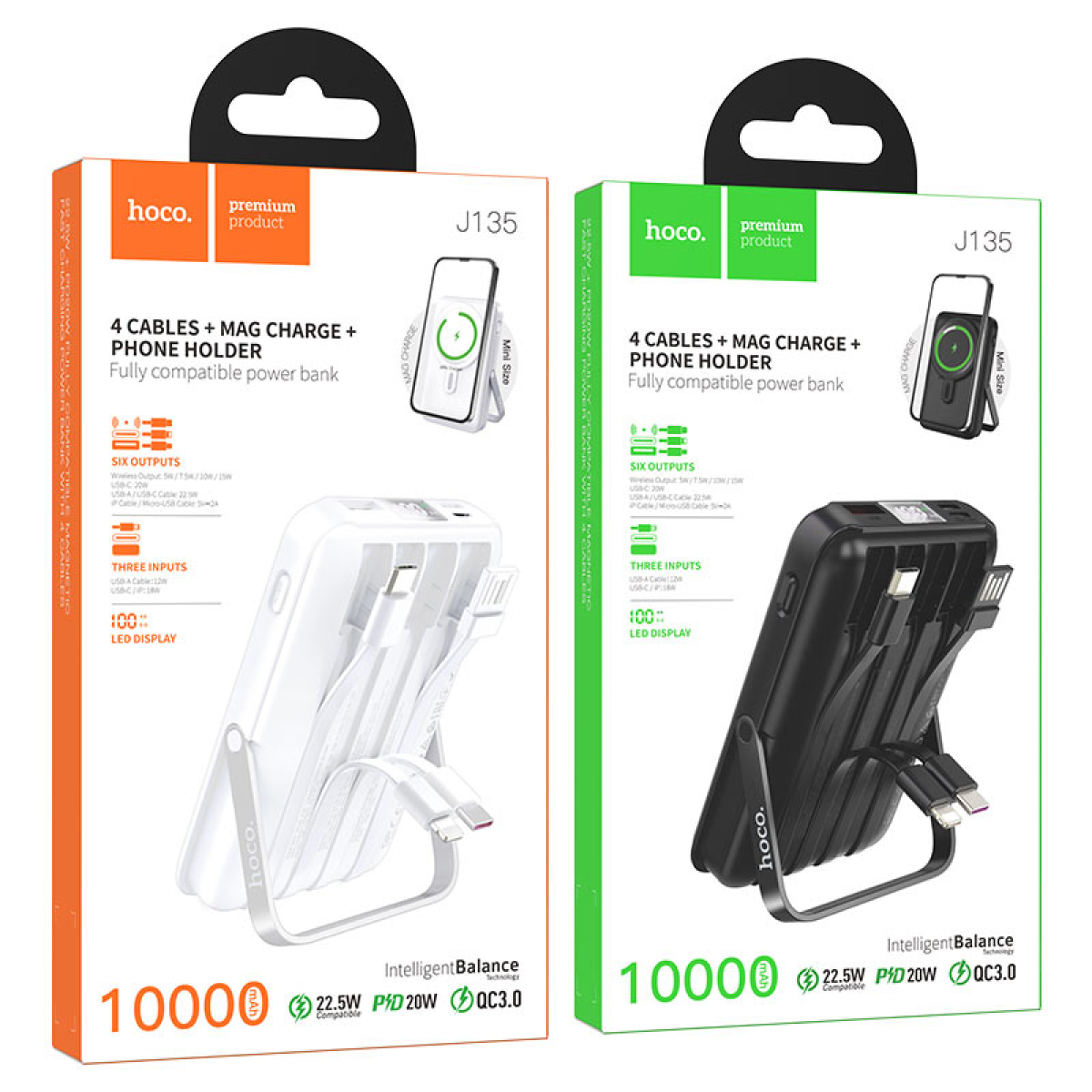Hoco J135 Rico Power Bank 10000mAh 22.5W με Ασύρματη Φόρτιση, Καλώδια & Stand - Μαύρο