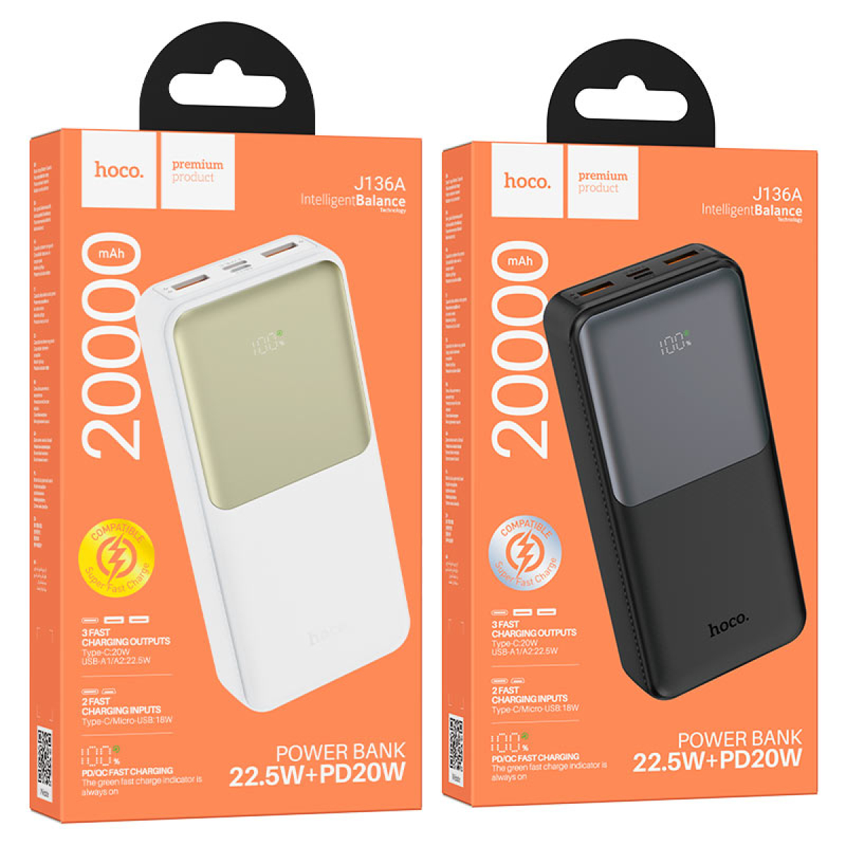 Hoco J136A Sirui Power Bank 20000mAh – Ταχεία Φόρτιση 22.5W QC & PD20W με Ψηφιακή Οθόνη – Μαύρο