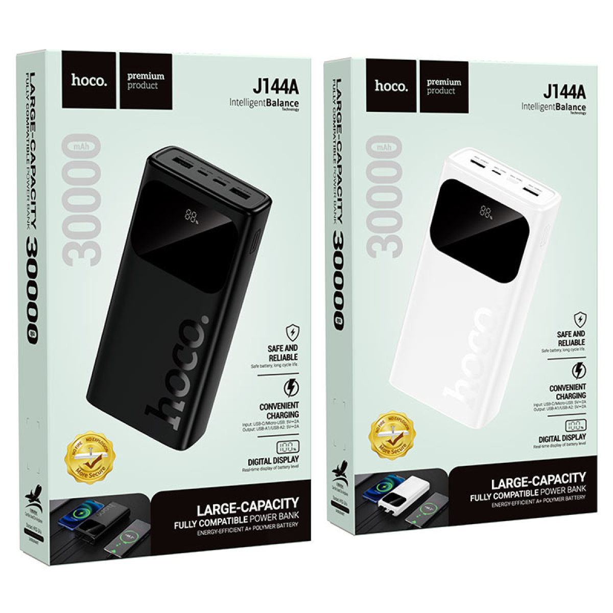 Hoco J144A Hymn Power Bank 30000mAh με Ψηφιακή Οθόνη – Λευκό