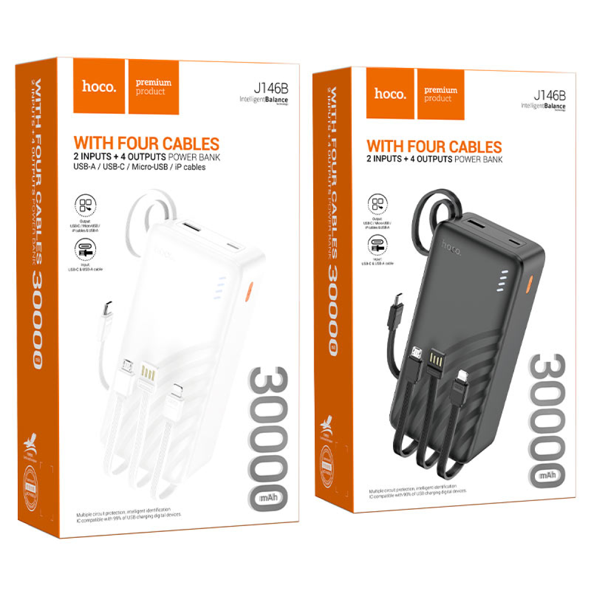 Hoco J146B Night Tide Power Bank 30000mAh 20W με 4 Ενσωματωμένα Καλώδια & USB-A – Μαύρο