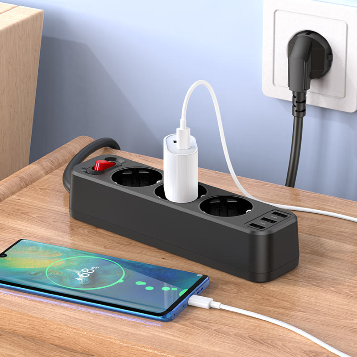 Hoco NS2 Aura Πολύπριζο 3 Θέσεων με 3 Θύρες USB 2.4A – Ισχύς 4000W – Ευρωπαϊκού Τύπου (EU/GER) και Καλώδιο 1.8m- Μαύρα