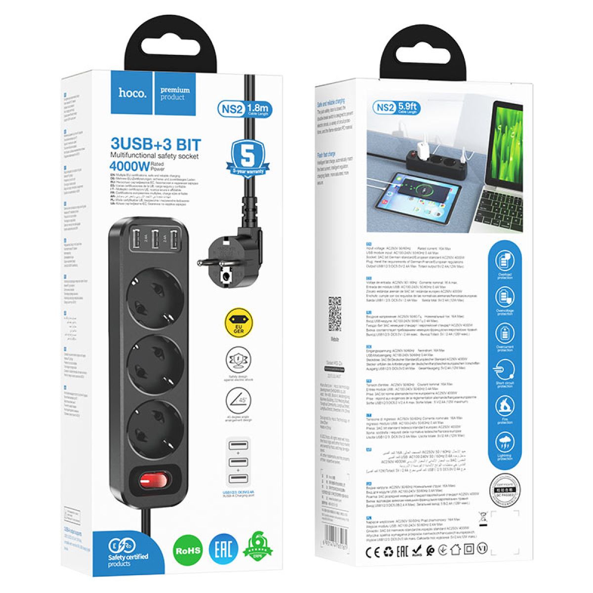 Hoco NS2 Aura Πολύπριζο 3 Θέσεων με 3 Θύρες USB 2.4A – Ισχύς 4000W – Ευρωπαϊκού Τύπου (EU/GER) και Καλώδιο 1.8m- Μαύρα