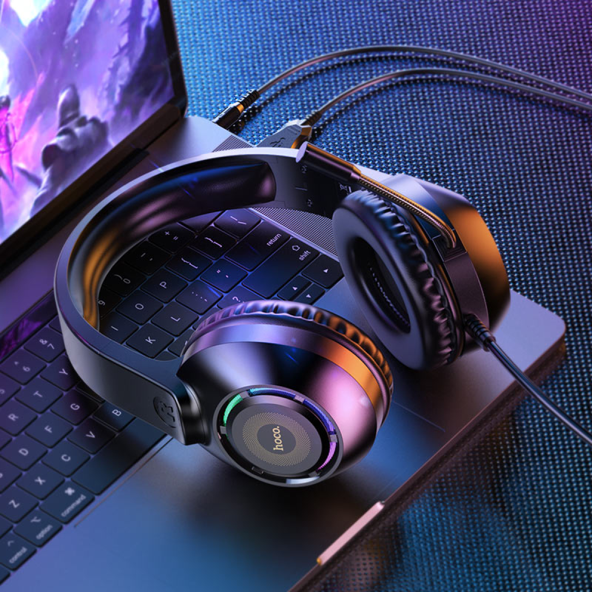 Hoco W108 Sue Gaming Headphones με Μικρόφωνο, Φωτισμό & Διπλή Σύνδεση – Μαύρα