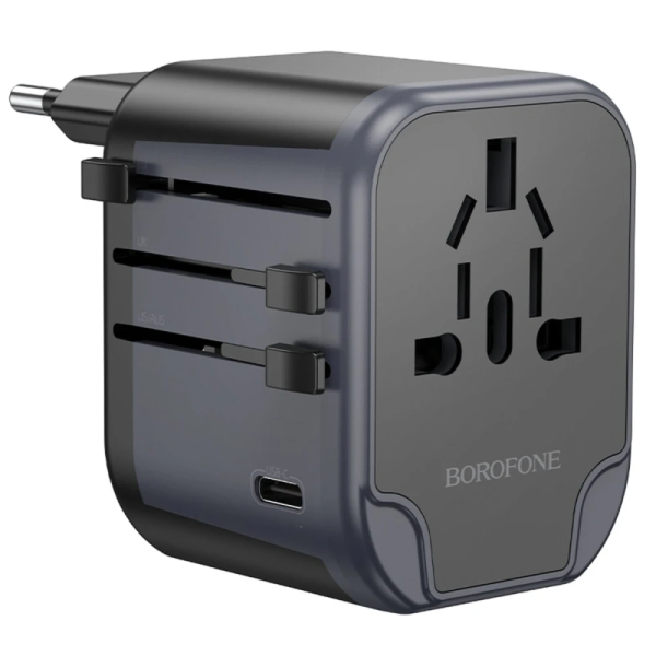 Borofone BAC12 Universal Travel Adapter με 2 Θύρες USB-A, 1 Θύρα USB-C & Πρίζα – Μαύρο