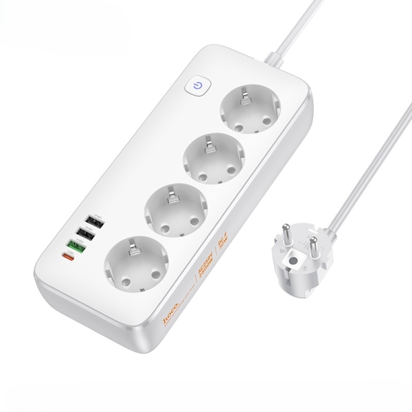 Hoco AC22 Sunlight Πολύπριζο Γραφείου 4 Θέσεων με 4 Θύρες USB (PD30W/1C3A) – Καλώδιο 3m- Λευκό