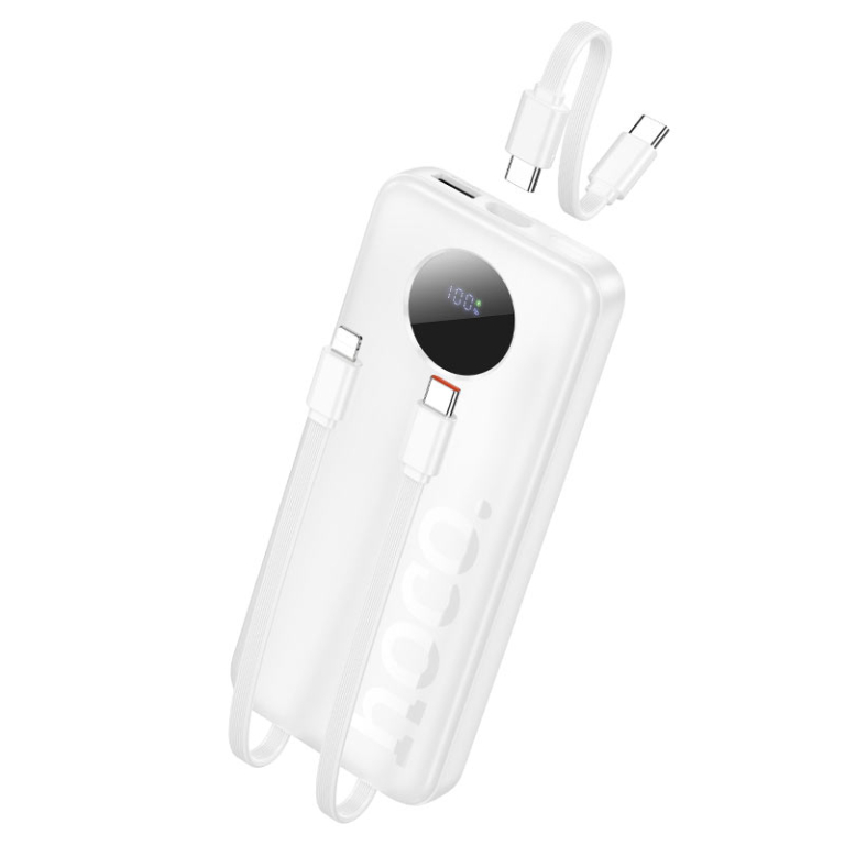 Hoco J132 Sabio Power Bank 10000mAh – PD 20W + QC 22.5W με Ενσωματωμένα Καλώδια & LED Οθόνη – Λευκό