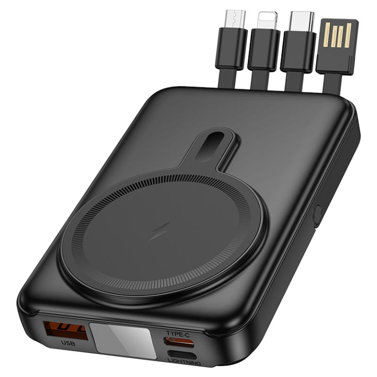 Hoco J135 Rico Power Bank 10000mAh 22.5W με Ασύρματη Φόρτιση, Καλώδια & Stand - Μαύρο