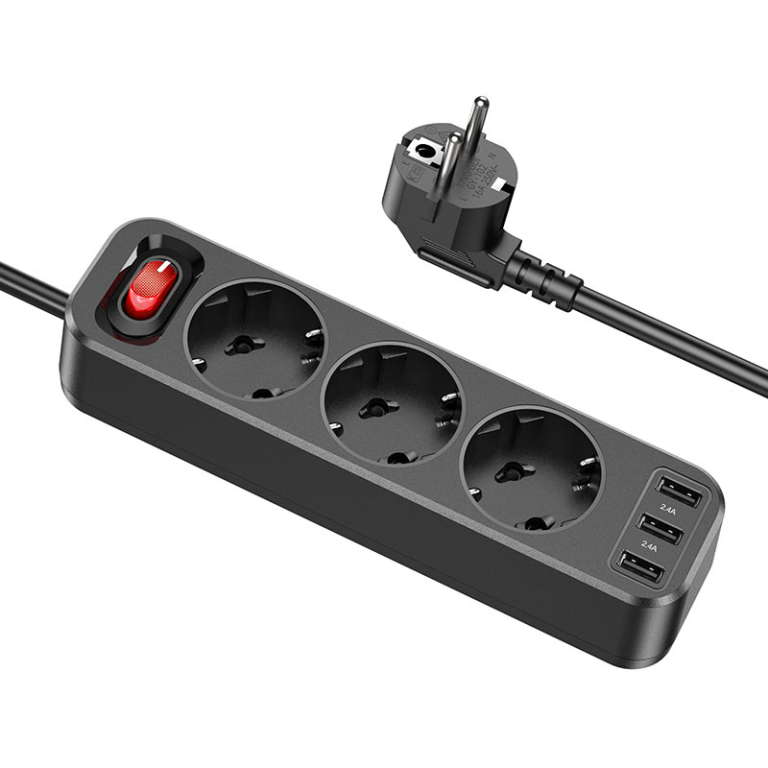 Hoco NS2 Aura Πολύπριζο 3 Θέσεων με 3 Θύρες USB 2.4A – Ισχύς 4000W – Ευρωπαϊκού Τύπου (EU/GER) και Καλώδιο 1.8m- Μαύρα