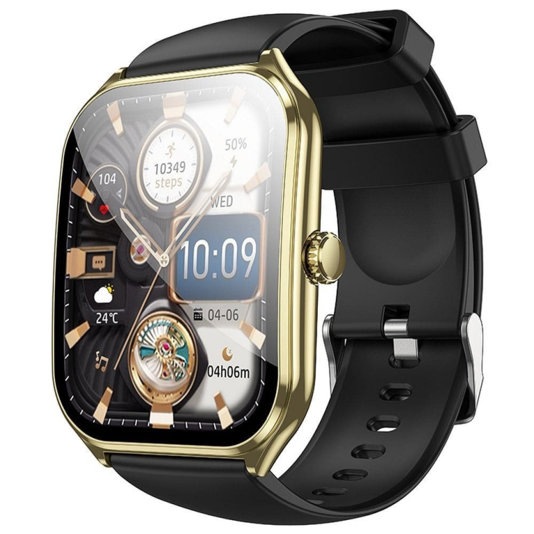 Hoco Y28 Smartwatch AMOLED με Λειτουργία Κλήσεων, IP67 + Μαύρο & Καφέ Λουράκι - Χρυσό