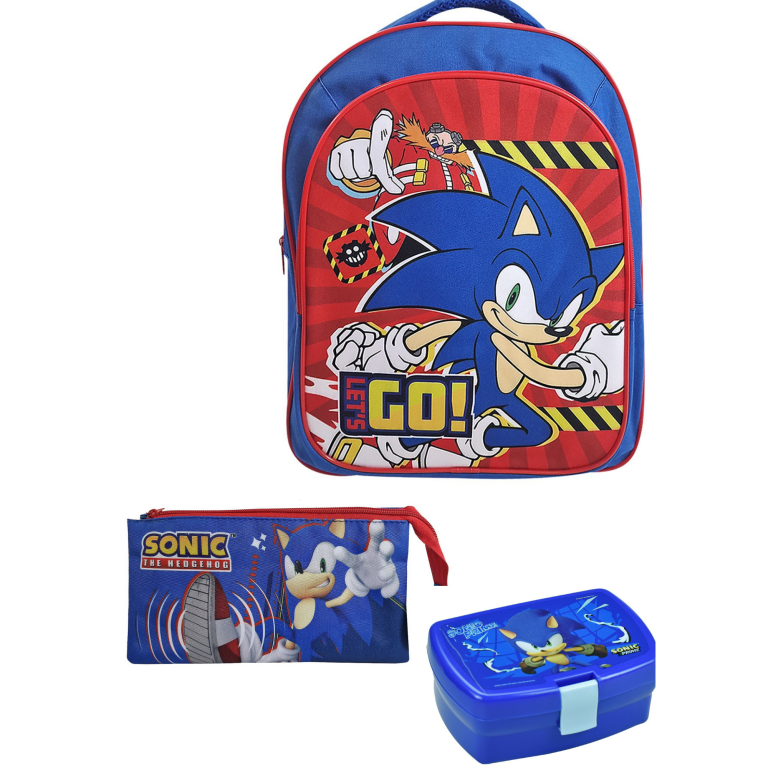 Σετ Σχολικών Sonic 3 Τεμαχίων – Τσάντα Πλάτης, Δοχείο Φαγητού & Κασετίνα Πλακέ με 3 Θήκες