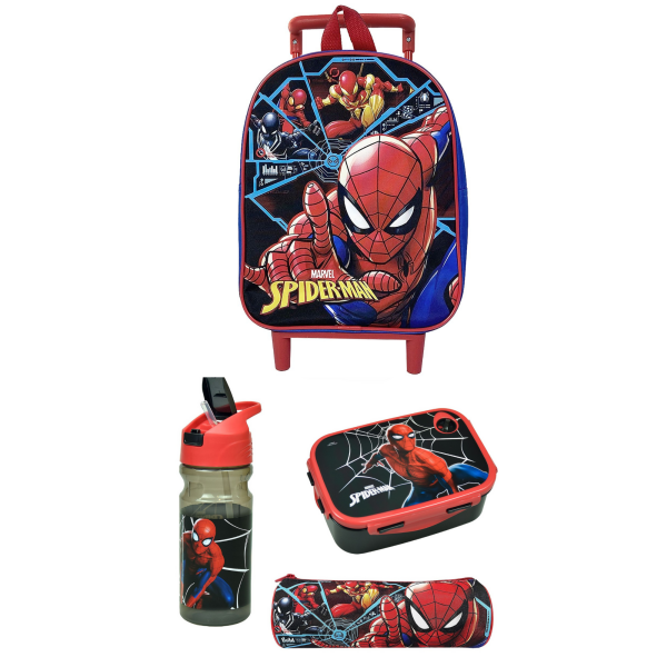 Σετ Spiderman 4 Τεμαχίων με Τσάντα Τρόλεϊ Νηπίου, Παγούρι, Δοχείο Φαγητού & Κασετίνα – Ιδανικό για το Νηπιαγωγείο