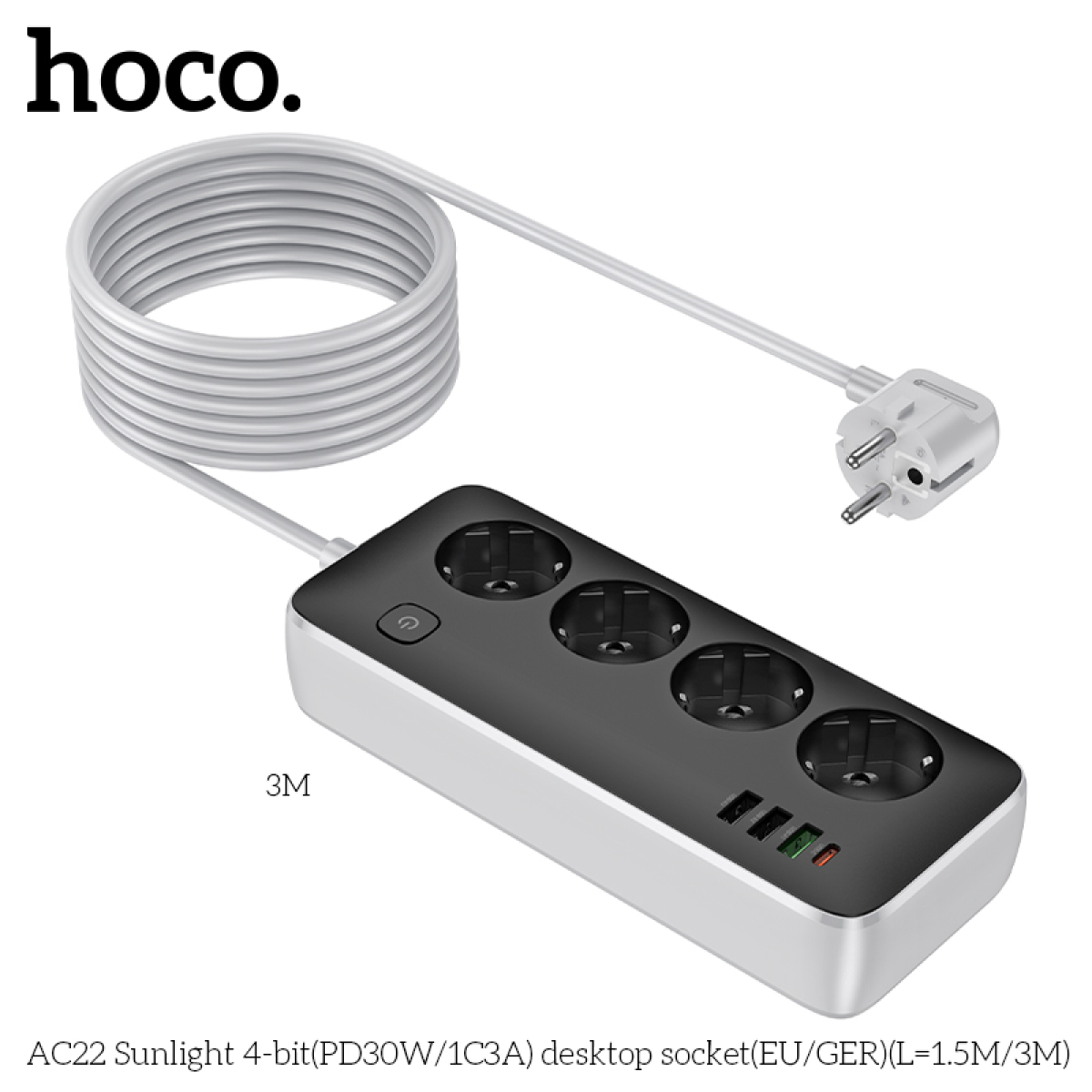 Hoco AC22 Sunlight Πολύπριζο Γραφείου 4 Θέσεων με 4 Θύρες USB (PD30W/1C3A) – Καλώδιο 3m- Λευκό