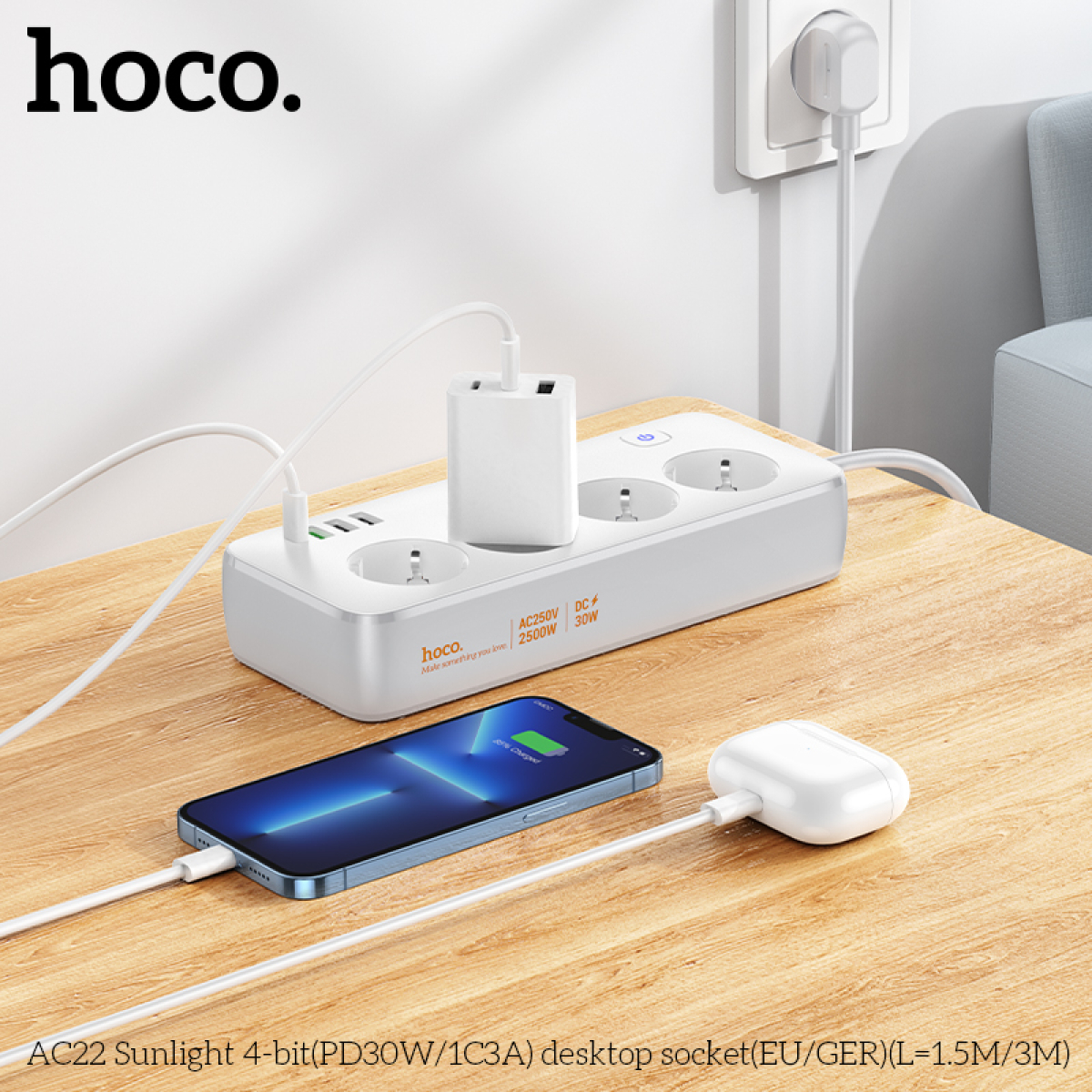 Hoco AC22 Sunlight Πολύπριζο Γραφείου 4 Θέσεων με 4 Θύρες USB (PD30W/1C3A) – Καλώδιο 3m- Λευκό