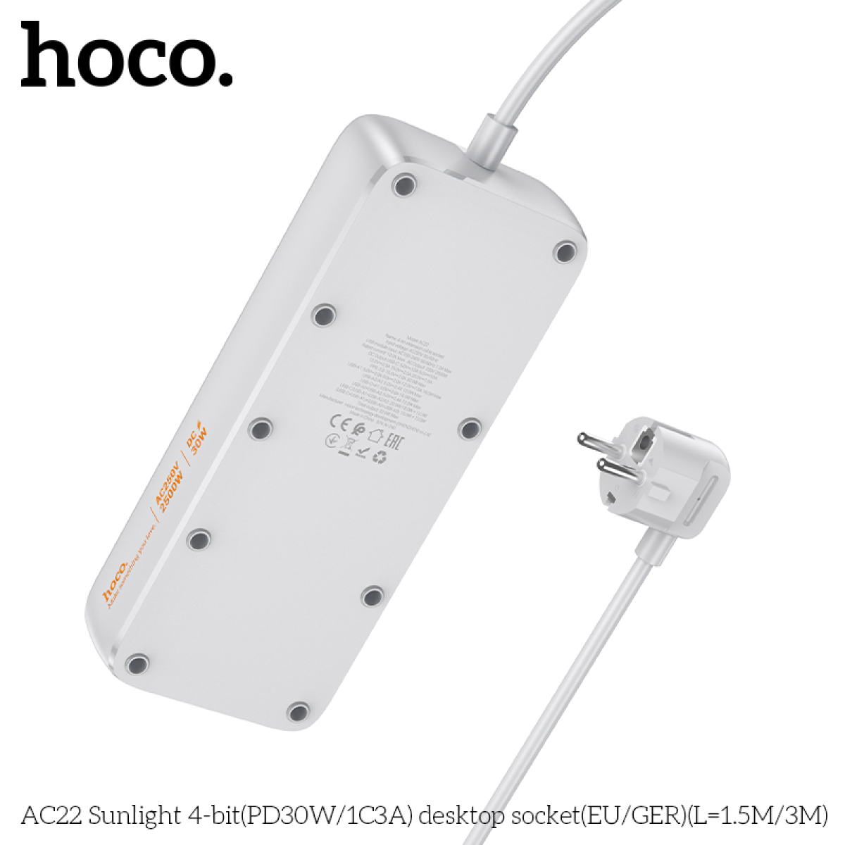 Hoco AC22 Sunlight Πολύπριζο Γραφείου 4 Θέσεων με 4 Θύρες USB (PD30W/1C3A) – Καλώδιο 3m- Λευκό