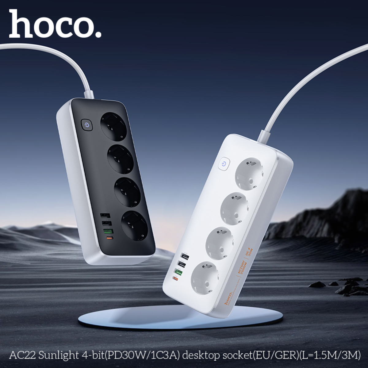Hoco AC22 Sunlight Πολύπριζο Γραφείου 4 Θέσεων με 4 Θύρες USB (PD30W/1C3A) – Καλώδιο 3m- Λευκό