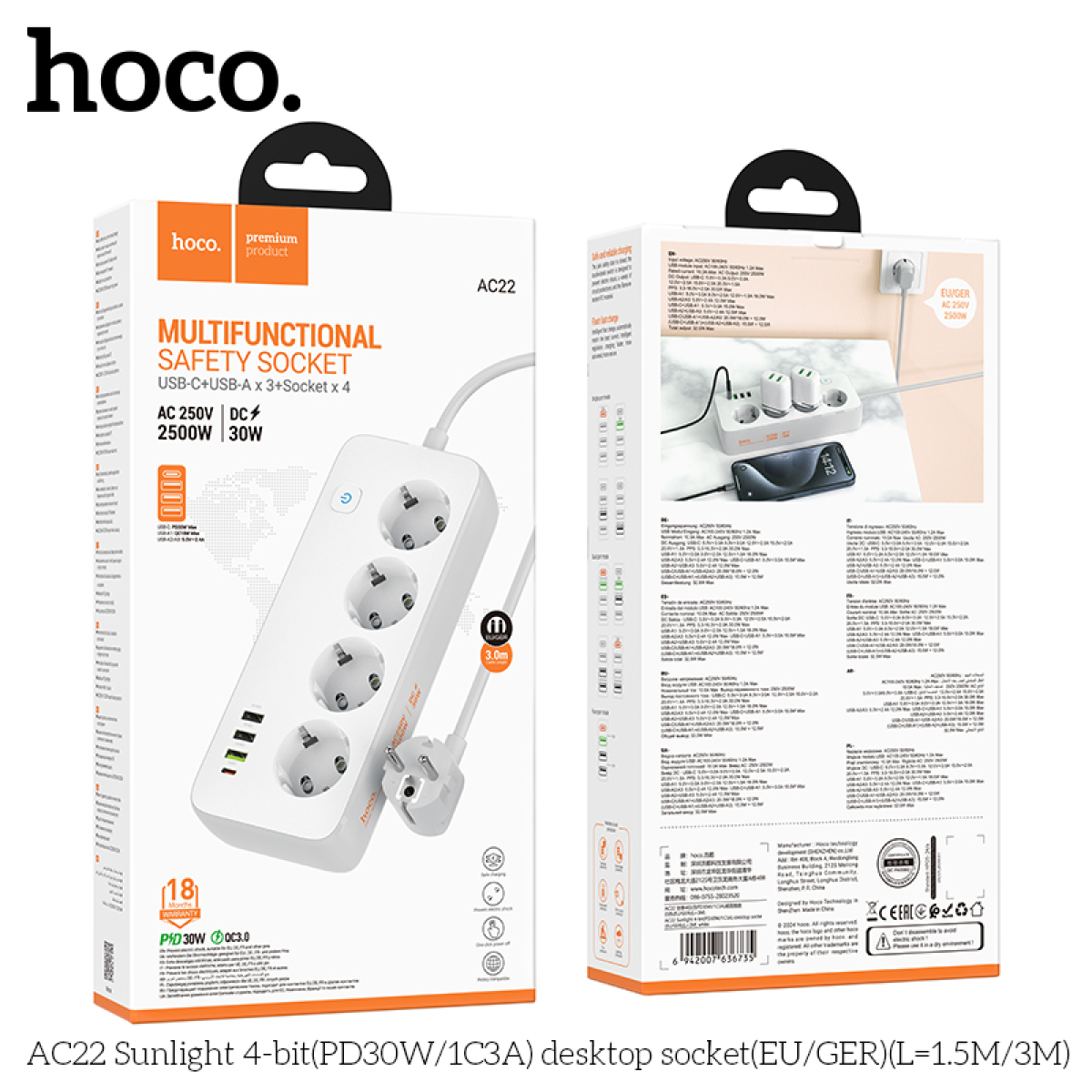 Hoco AC22 Sunlight Πολύπριζο Γραφείου 4 Θέσεων με 4 Θύρες USB (PD30W/1C3A) – Καλώδιο 3m- Λευκό