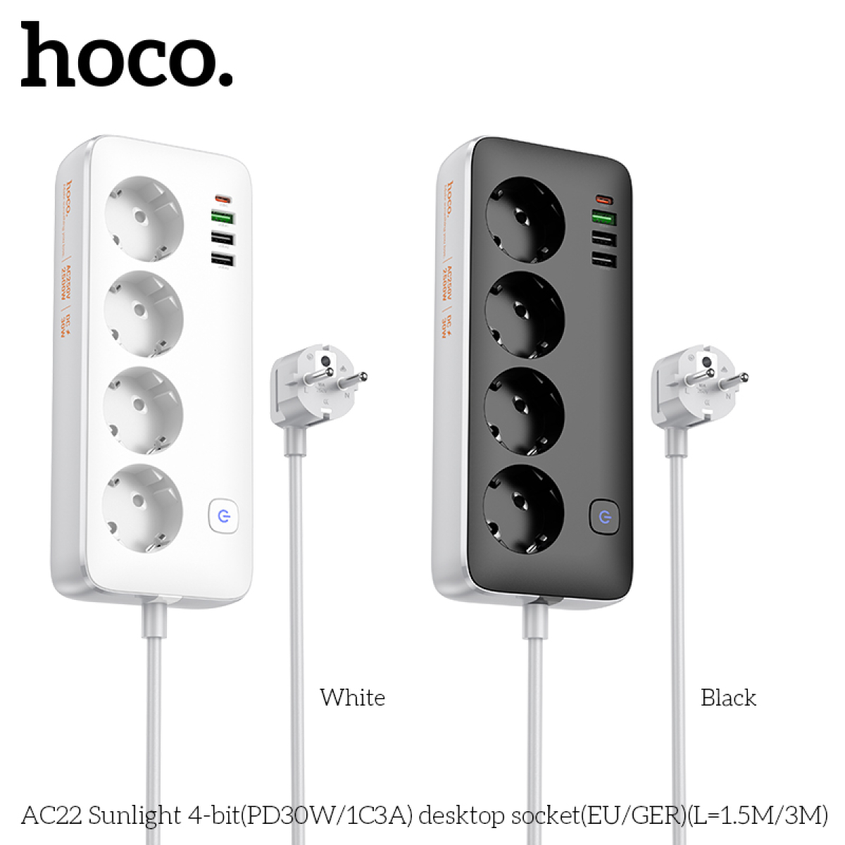 Hoco AC22 Sunlight Πολύπριζο Γραφείου 4 Θέσεων με 4 Θύρες USB (PD30W/1C3A) – Καλώδιο 3m- Λευκό