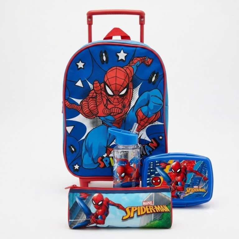 Σετ Spiderman 4 Τεμαχίων με Τσάντα Τρόλεϊ Νηπίου, Παγούρι, Δοχείο Φαγητού & Κασετίνα – Ιδανικό για το Νηπιαγωγείο