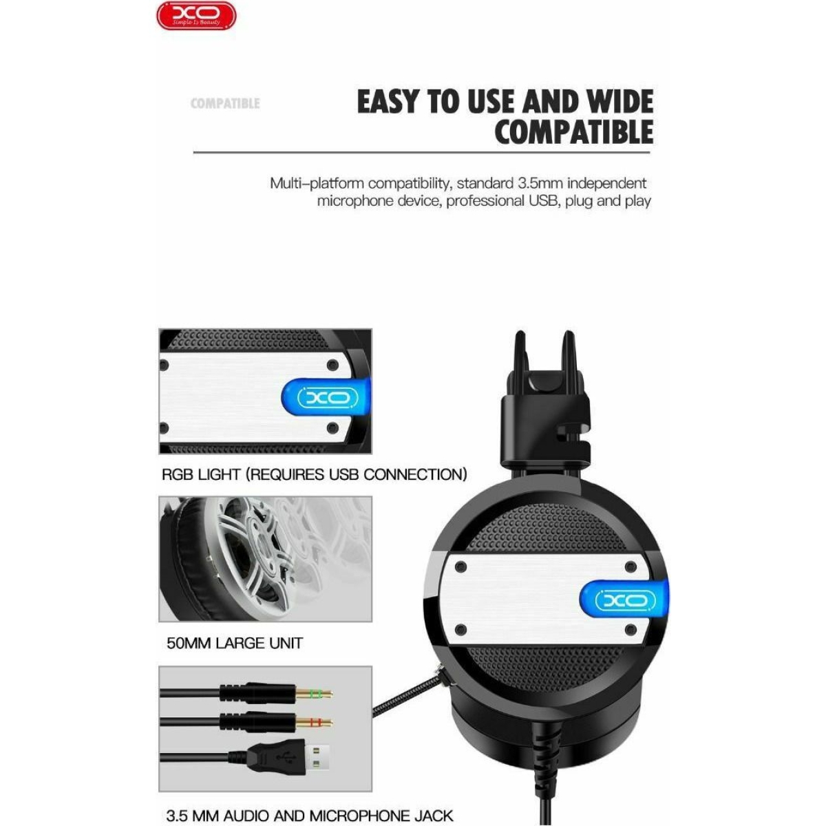 XO GE-02 Big Game Gaming Ακουστικά με Μικρόφωνο και Φωτισμό – 50mm Driver, USB & 3.5mm – Μαύρα