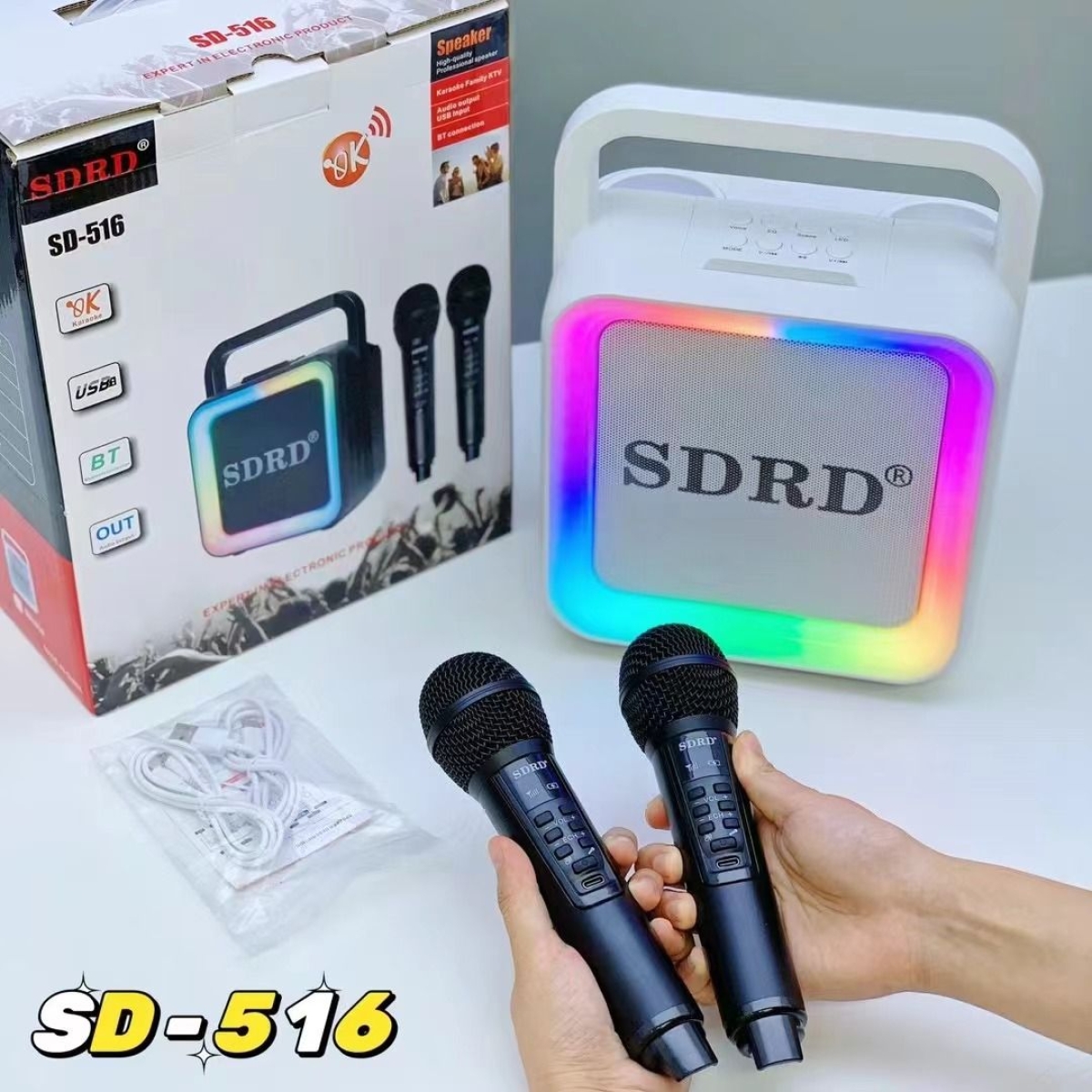 SDRD SD-516 Φορητό Ηχείο Karaoke με 2 Ασύρματα Μικρόφωνα, Bluetooth, LED Φώτα & Θύρες USB/Type-C - Μαύρο