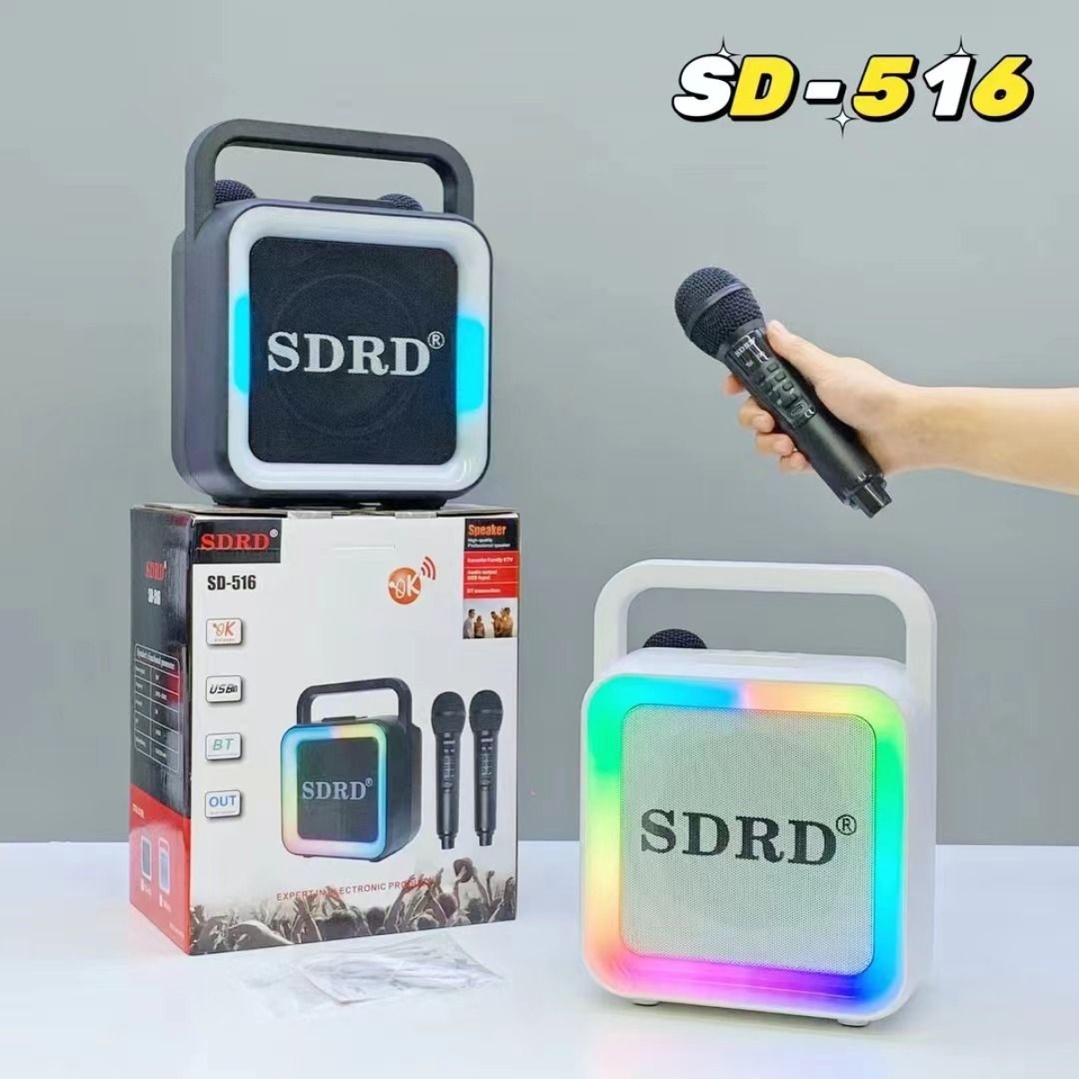 SDRD SD-516 Φορητό Ηχείο Karaoke με 2 Ασύρματα Μικρόφωνα, Bluetooth, LED Φώτα & Θύρες USB/Type-C - Μαύρο