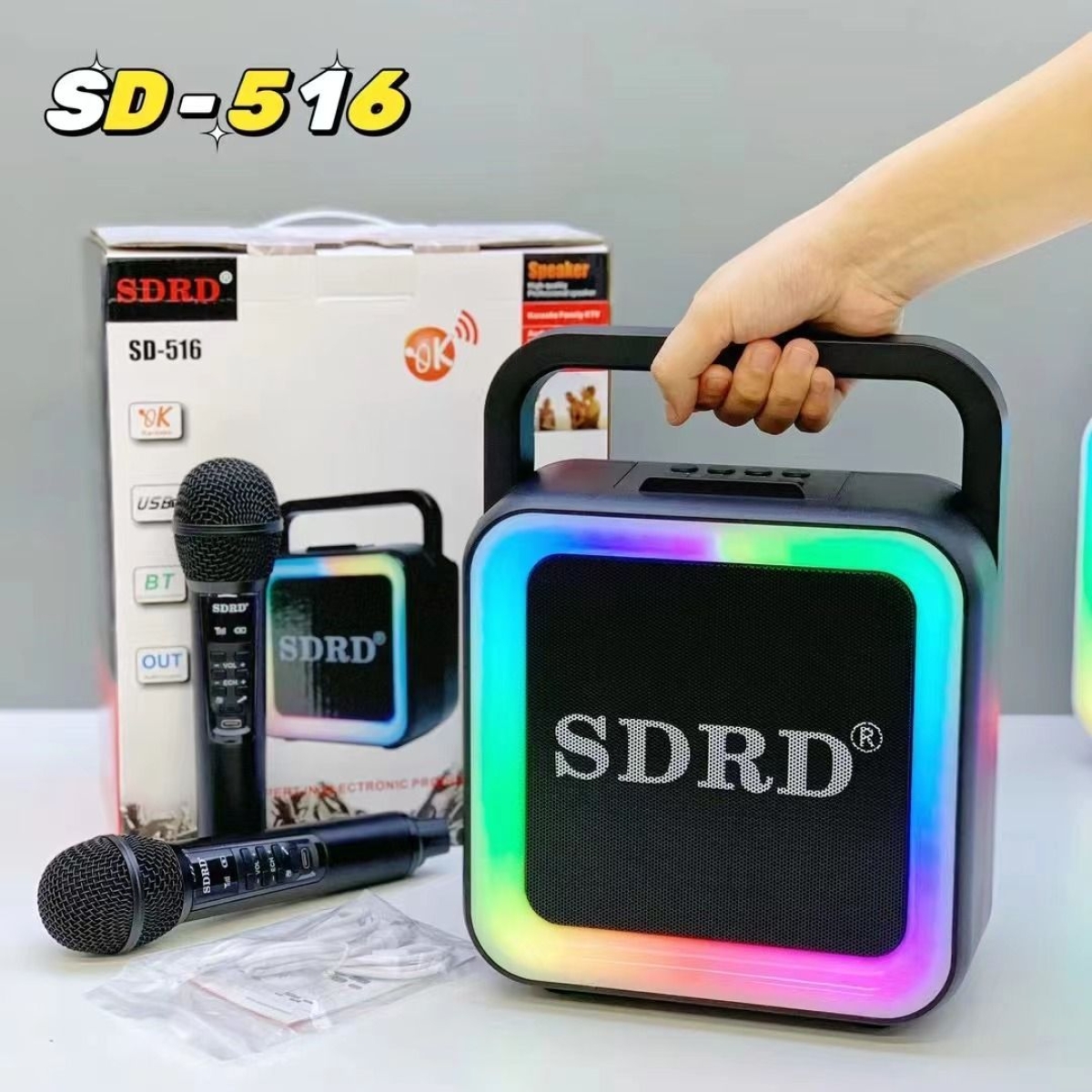 SDRD SD-516 Φορητό Ηχείο Karaoke με 2 Ασύρματα Μικρόφωνα, Bluetooth, LED Φώτα & Θύρες USB/Type-C - Μαύρο
