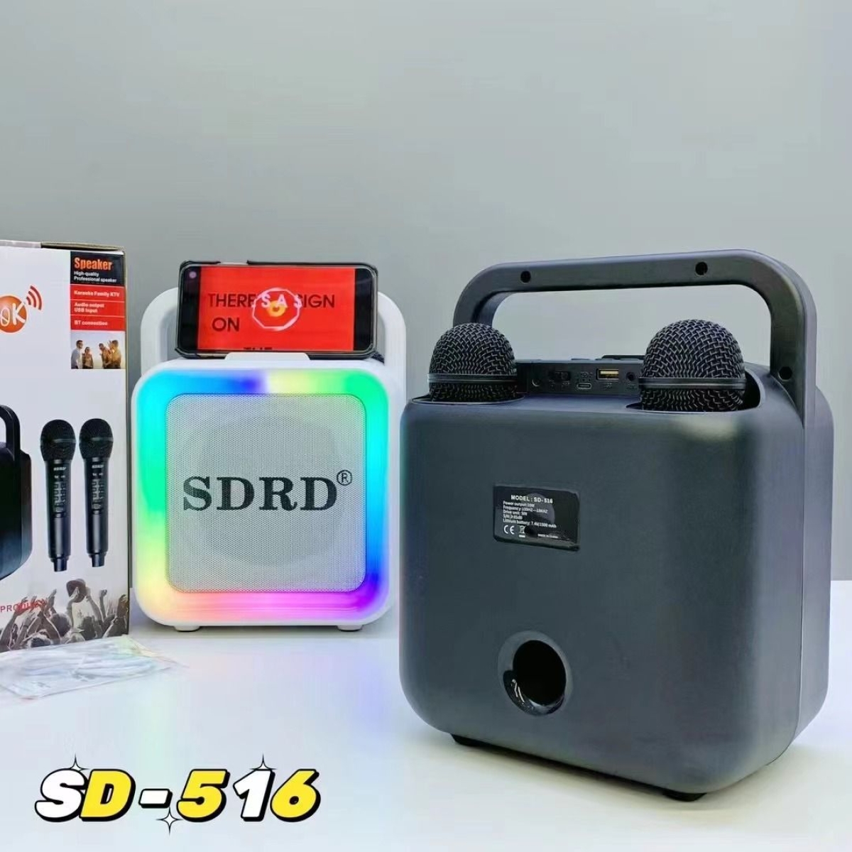 SDRD SD-516 Φορητό Ηχείο Karaoke με 2 Ασύρματα Μικρόφωνα, Bluetooth, LED Φώτα & Θύρες USB/Type-C - Μαύρο