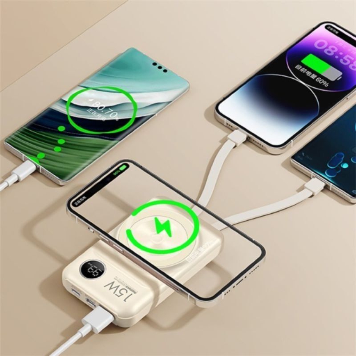 Remax RPP-527 Power Bank 10000mAh με Ασύρματη Μαγνητική Φόρτιση 15W, 2 Ενσωματωμένα Καλώδια – Μαύρο