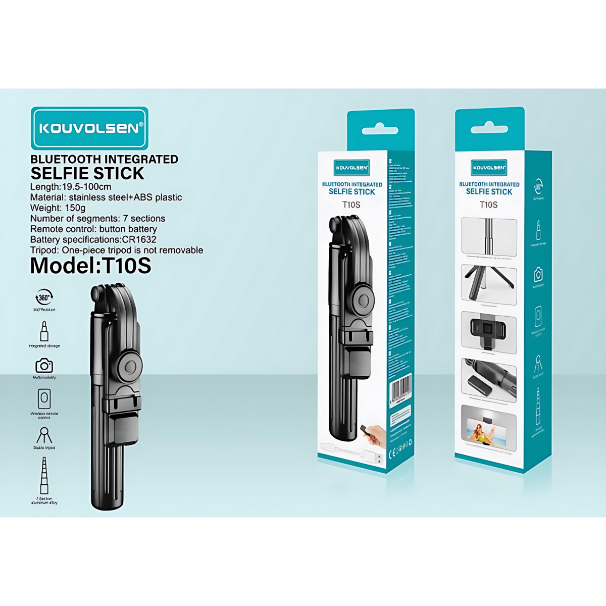 Kouvolsen T10S Bluetooth Selfie Stick με Ενσωματωμένο Τρίποδο & Τηλεχειριστήριο – Μαύρο
