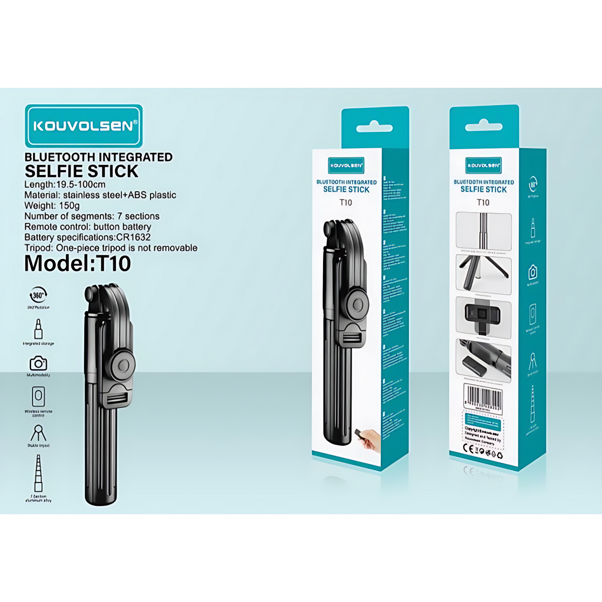 Kouvolsen T10 Bluetooth Selfie Stick με Ενσωματωμένο Τρίποδο & Τηλεχειριστήριο – Μαύρο