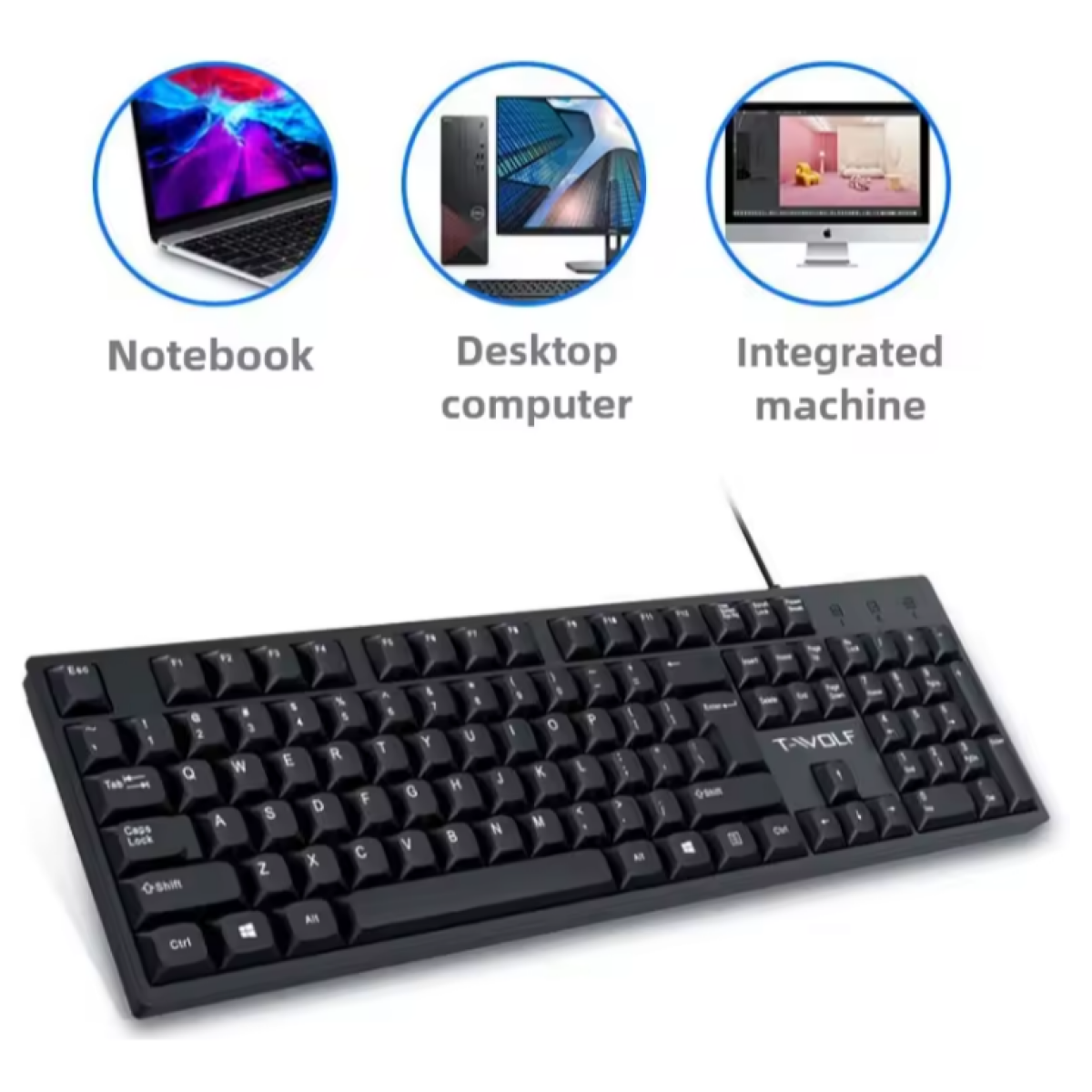 T-WOLF T15 Ενσύρματο Πληκτρολόγιο 104 Πλήκτρων USB Μαύρο για Γραφείο & Σπίτι - Μαύρο
