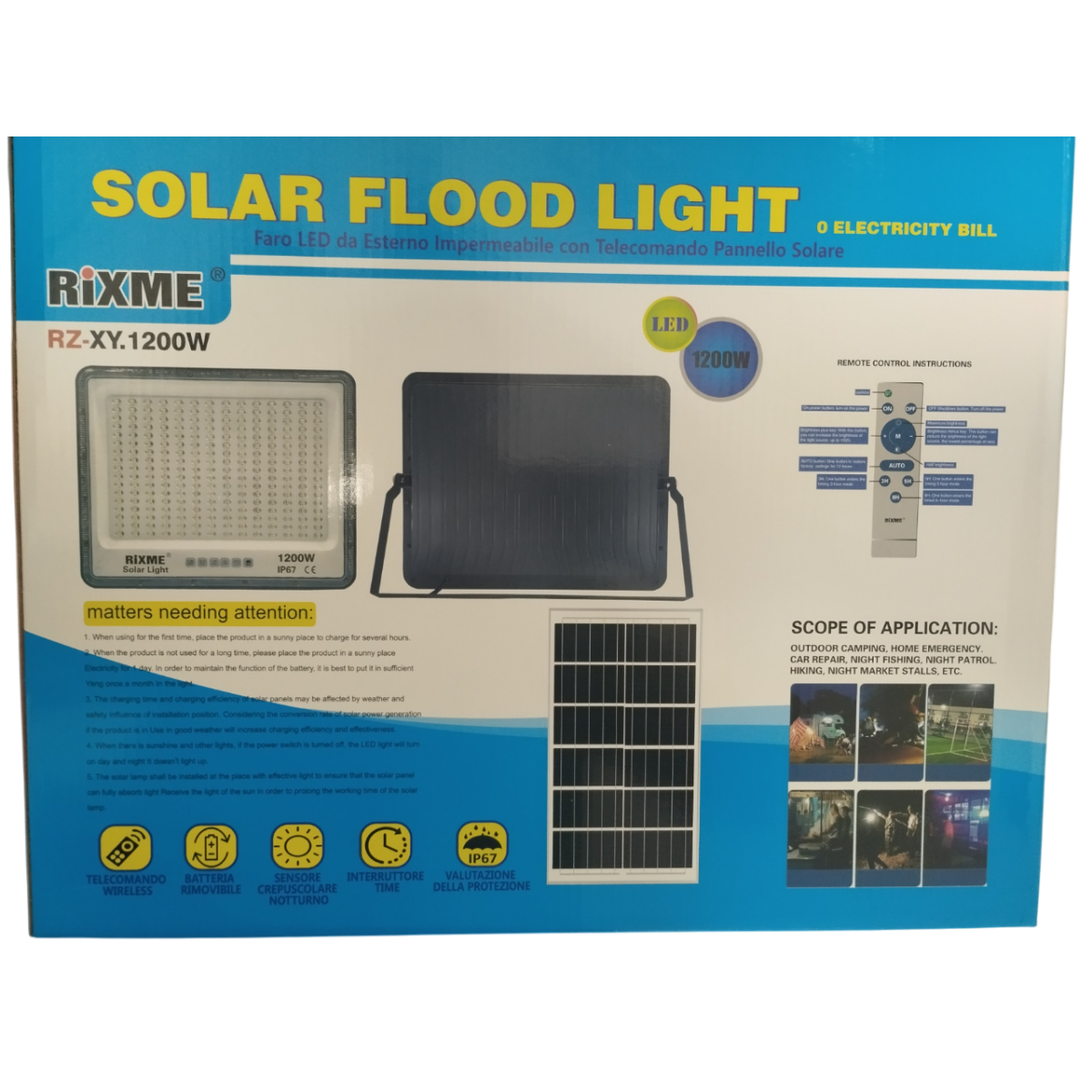 Rixme RZ-XY.1200W Ηλιακός Προβολέας LED 1200W με Φωτοκύτταρο & Τηλεχειριστήριο – IP67