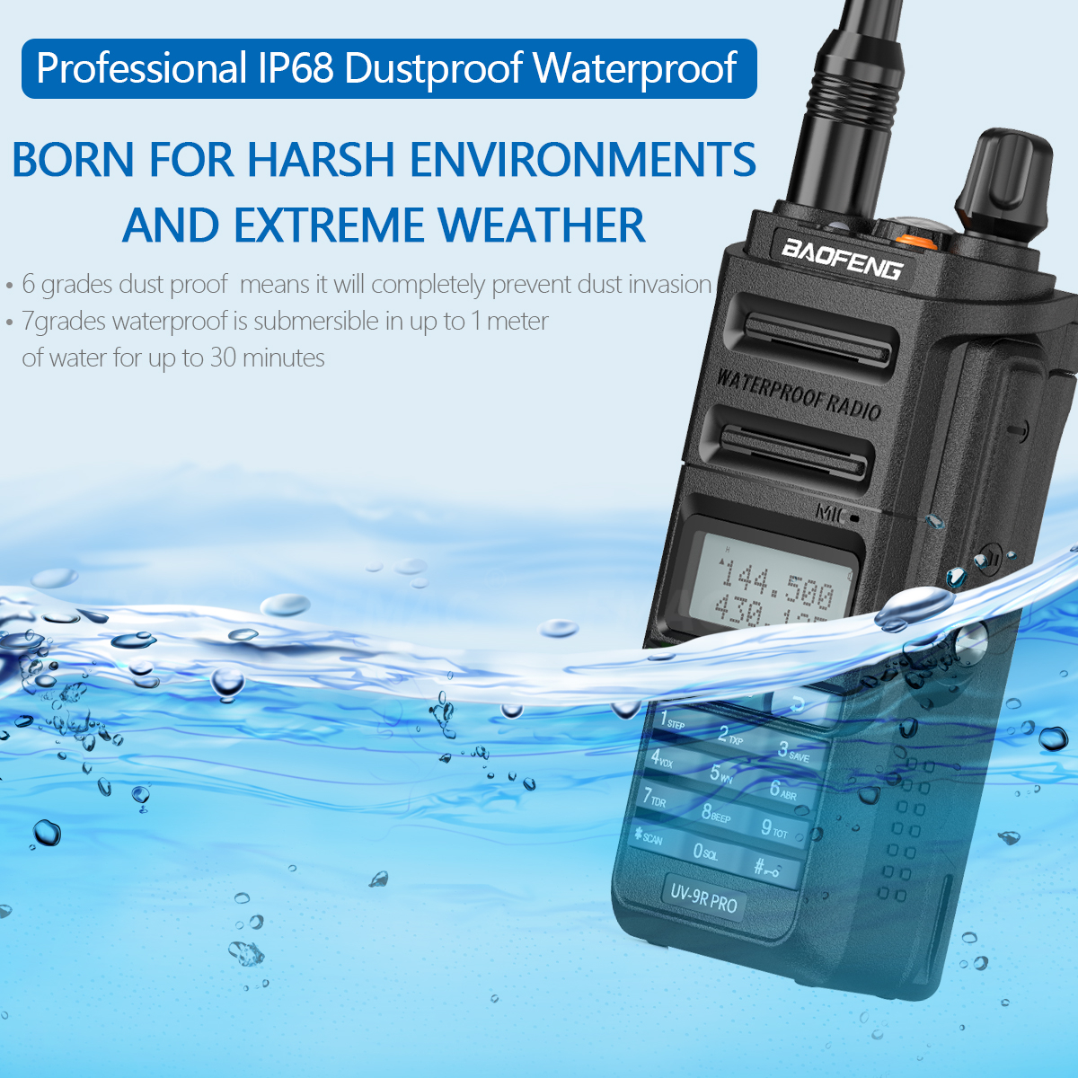 Ασύρματος Πομποδέκτης Baofeng UV-9R Pro 5W VHF/UHF IP68 Αδιάβροχο με Μπαταρία 2800mAh & Μονόχρωμη Οθόνη