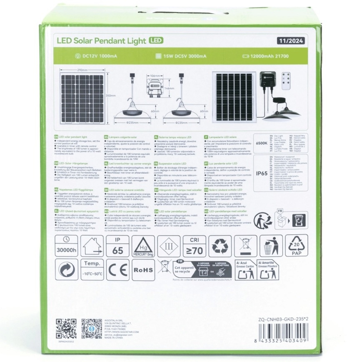 Aigostar Ηλιακό Κρεμαστό Φωτιστικό LED 2x70W 12V 12000mAh με Τηλεχειριστήριο – 6500K, Διάμετρος 23,5cm, IP65