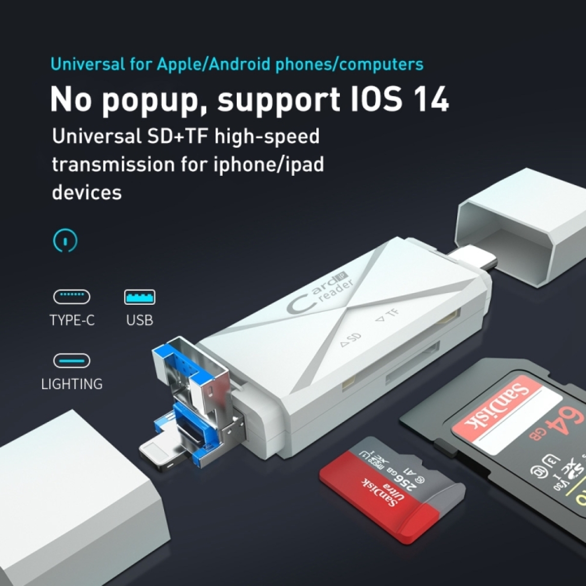 Card Reader 3 σε 1 με Type-C, USB και 8Pin για SD/TF – ADS-218