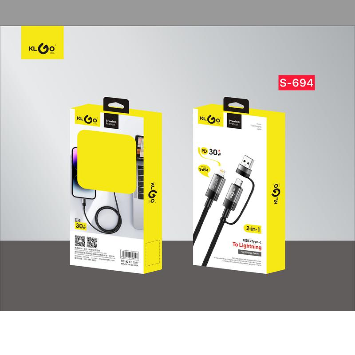Καλώδιο φόρτισης & μεταφοράς δεδομένων 2 σε 1 – USB & Type-C σε Lightning KLGO S-694 μαύρο - Image 2