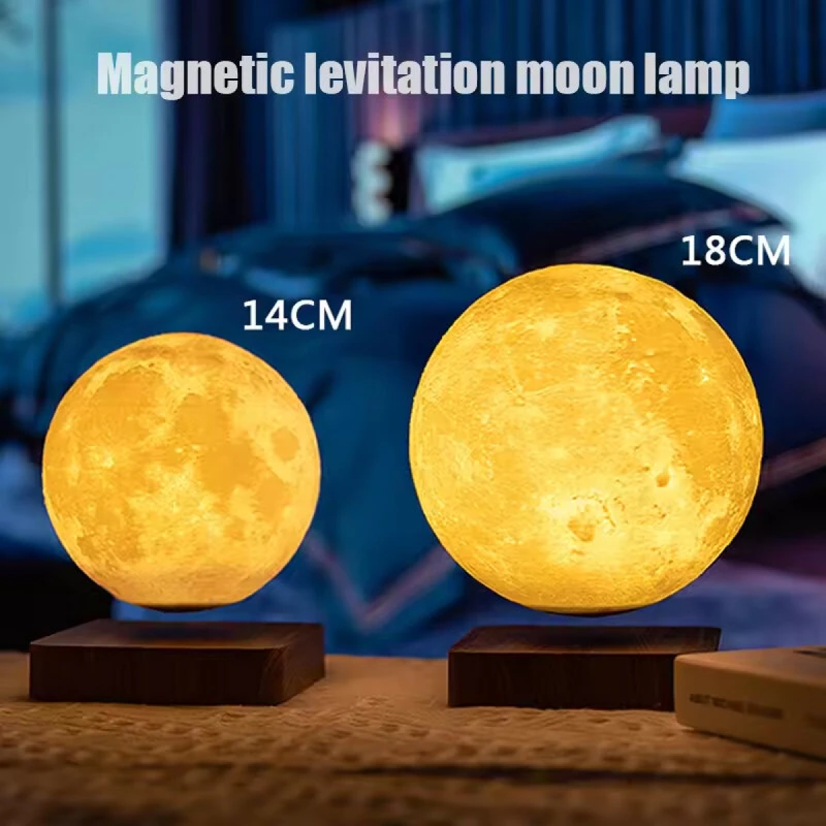 Μαγνητική Λάμπα Αιώρησης 3D Σελήνη Με LED Φως & Περιστροφή – 14cm Με Βάση Ξύλου