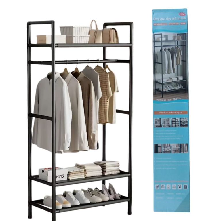 Μεταλλική Κρεμάστρα Ρούχων Δαπέδου με 2 ράφια παπουτσιών σε Μαύρο χρώμα 160x80x32cm