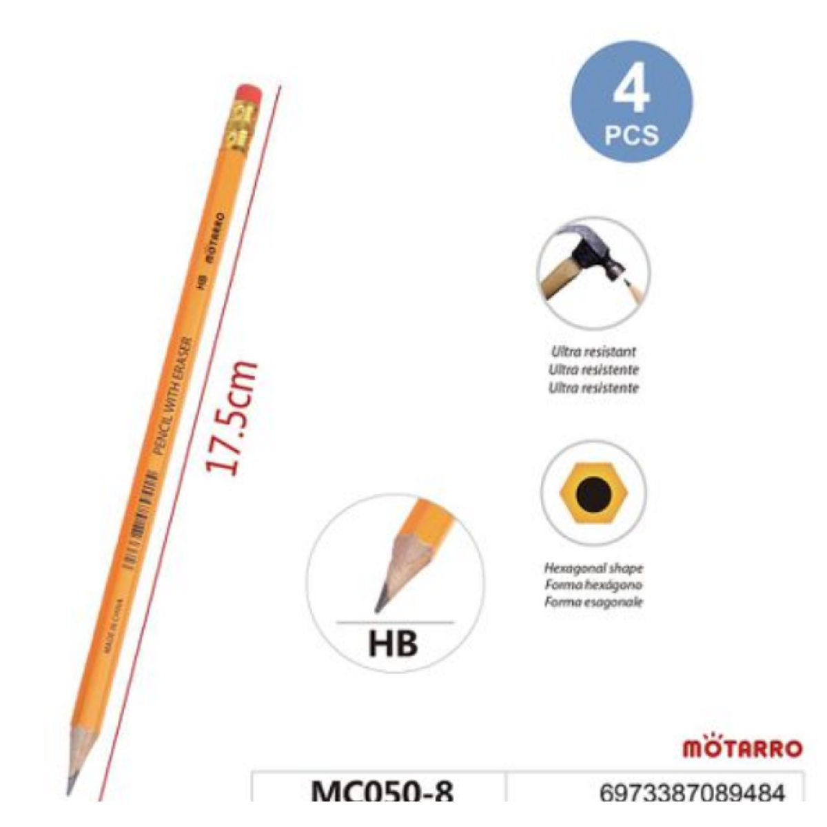 Μολύβια HB Με Γόμα 4τμχ Motarro MC050-8