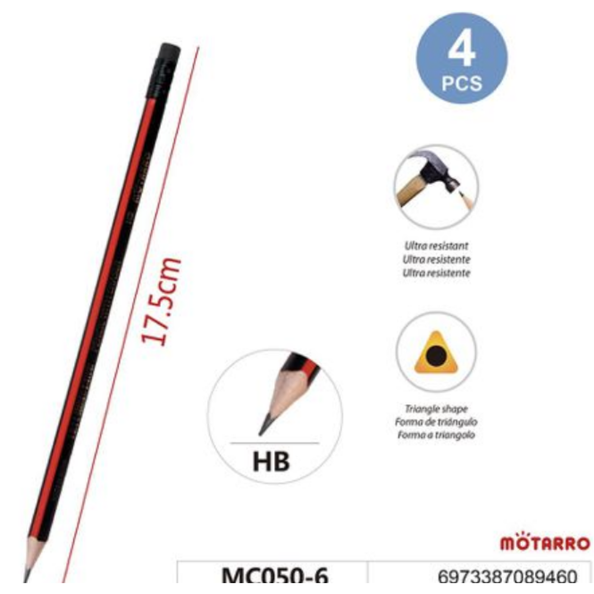 Μολύβια HB Τριγωνικά Με Γόμα 4τμχ Motarro MC050-6