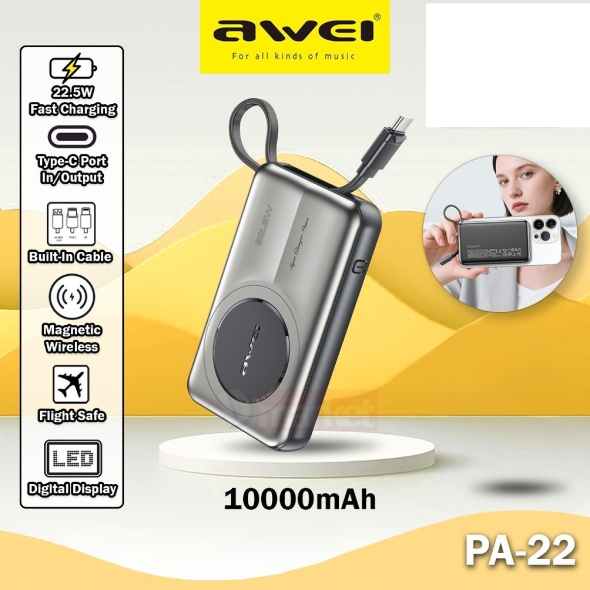 Power Bank 10000mAh Με Μαγνητική Ασύρματη Φόρτιση, Ενσωματωμένο Καλώδιο & Οθόνη LED Awei PA-22