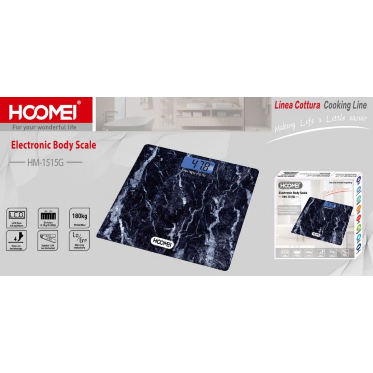 Ψηφιακή Ζυγαριά Μπάνιου Μαύρο Μάρμαρο Hoomei HM-1515G